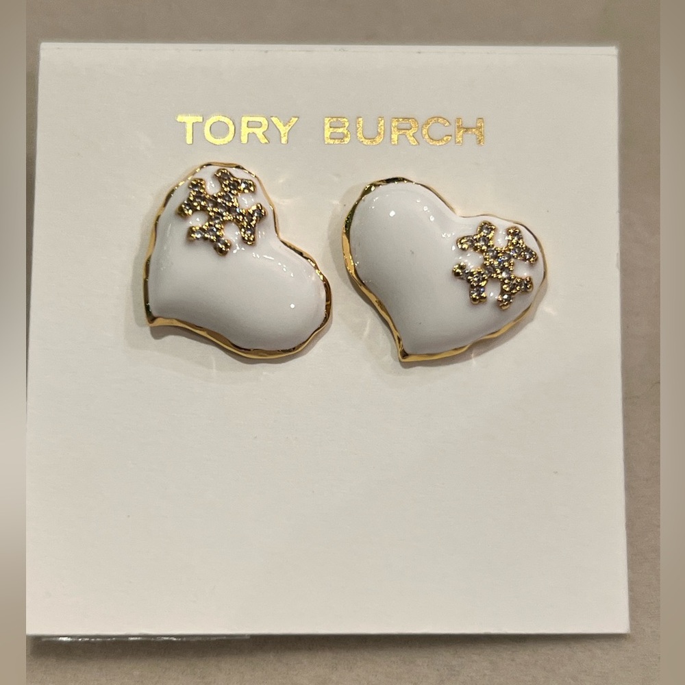 Tory Burch Gold and White Heart Earrings